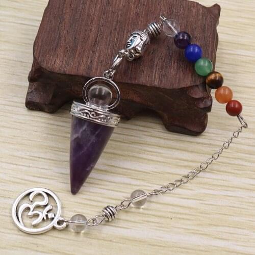 YJXP Cone Shape Buddha Head Pendulum for Dowsing Divination Natural Stone Crystal 3D Chakra Link Chain Yoga Healing Jewelry 1Pcs