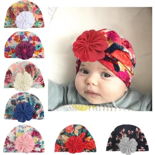 Yundfly Bohemian Baby Turban Hat with Fabric Flowers Cotton Blend Newborn Beanie Kids Photo Props Baby Shower Gift Birthday Hat