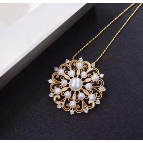 Jewelry 4-5mm 100% Natural Fresh Water Pearl Necklace pendant Flower Brooch for women