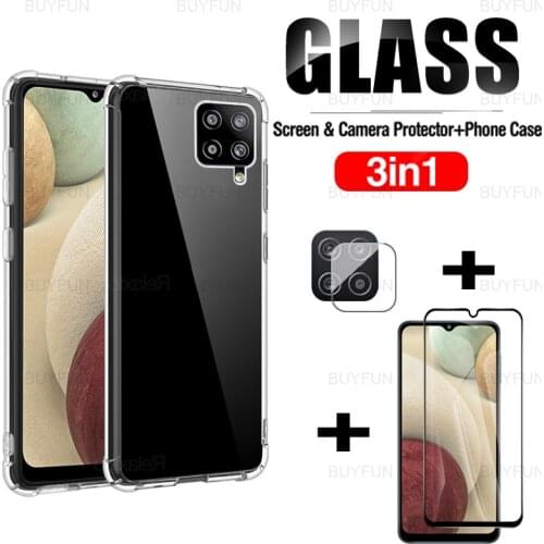 For Samsung Galaxy A12 3in1 Black Edge Tempered Glass For samsung A32 A22 A52 A72 A42 5G TPU Silicone Case Lens Safety Film
