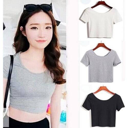 Ladies Short Sleeve O Neck T-shirt Sexy Crop Tops 2021 Summer Women Basic Simple Stretch Solid Color Tee Shirts Black White Gray