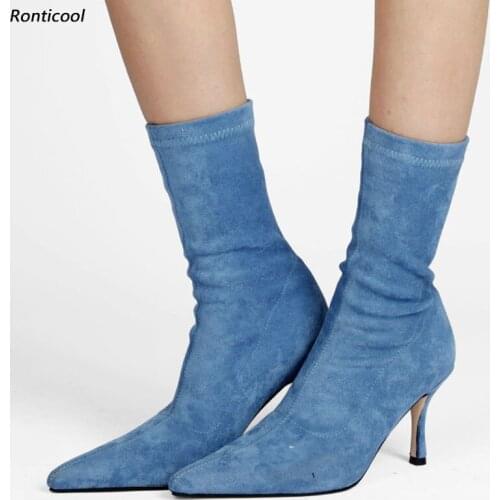 Ronticool Handmade Women Spring Flexible Ankle Boots 8.5 Cm Thin Heels Pointed Toe Red Yellow Lake Blue Party Shoes Size 35 45