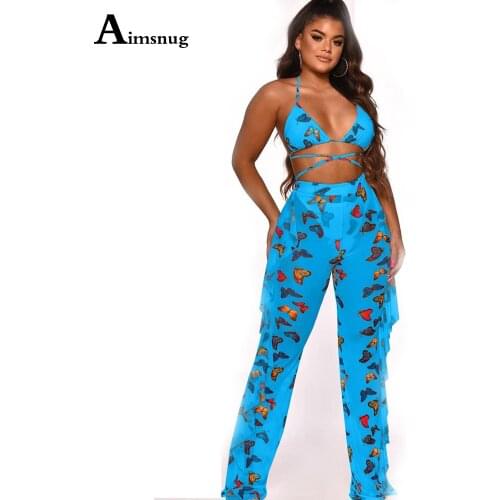 Aimsnug 2021 Butterflies Print Women Sets Bikini Bra Top And Long Pants Set Tie Dry Ruffles Trouser Femme Sexy Two Piece Outfits