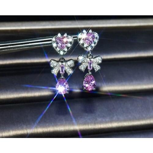 Super Fairy Design Pink Crystal Retro Ocean Heart Bow Earrings for Women 925 Silver Sweet Temperament Romantic Earrings Female