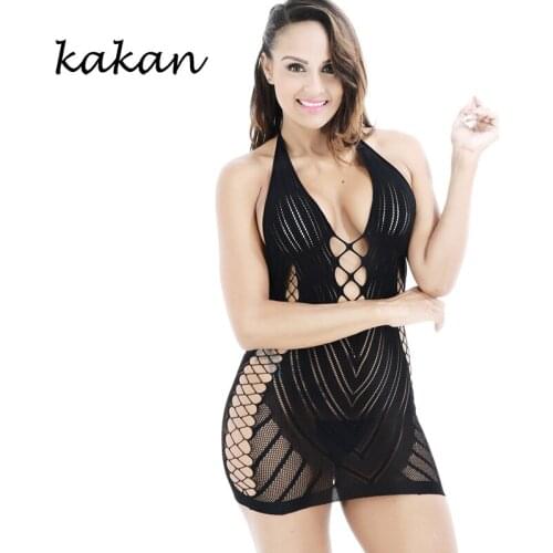Kakan club party sexy nightclub dress hanging neck jacquard sexy dress strapless ladies breasts mesh dress