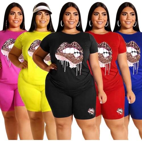 FNOCE summer womens sets trackssuits fashion casual lips print o-neck short sleeve tops tight shorts two-piece set large size