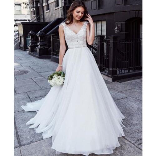 Sexy Cheap Wedding Dress Lace Top Boho Backless Ivory Beach Wedding Dress Appliques V Neck Princess Bride Dress Free Shipping