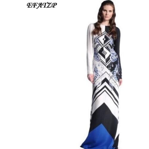 New Fashion 2014 Womens Bohemian Stunning Print Color Block Stretch Jersey Silk Long sleeve Maxi Dress Long Full Dress