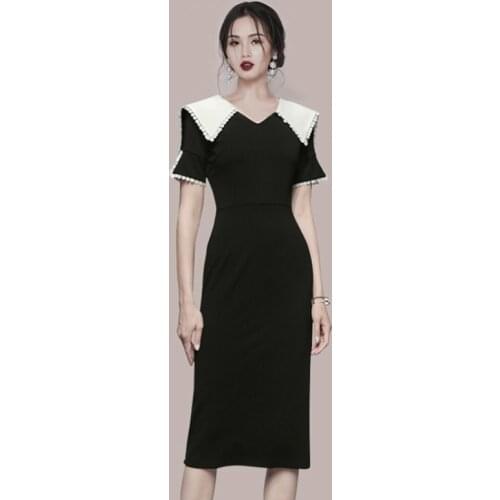 2021 Summer fashion Vintage women V Collar Short Sleeve Black Sheath Bodycon Pencil Dress Casual dress Vestidos