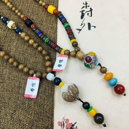 Zheru Natural Bodhi Faceted Flower Bead Pendant Paired with Multicolor Wood Bead Necklace Exquisite Men and Women Sweater Chain