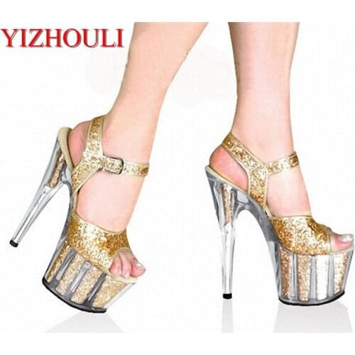 Gold crystal sequined sandal 15cm high heel platform shoe, model banquet 6 inch crystal sandal