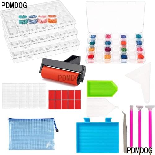 4pcs 28 Grids Diamond Art Boxes Storage Containers with 25pcs Diamond Painting Tools Include Roller and Fix Tool