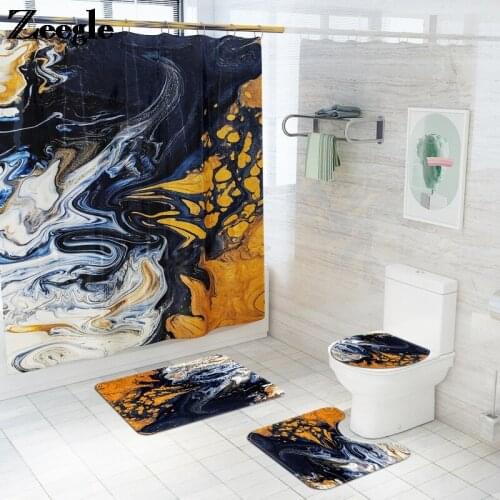 Marble Printed Abstract Home Decor Bath Mat and Shower Curtain Set Toilet Anti-slip U-Shaped Foot Mat Bathroom Rug Set