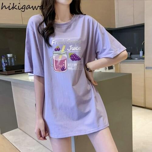 Hikigawa Long T Shirt for Women Kawaii Clothing Japan Ladies Tshirts 2021 Summer Tops Short Sleeve Cute Oversized Girl T-shirts
