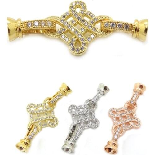 CZ Brass Micro Pave Cubic Zirconia Chinese Knot Style Fold Over Watch Band Clasps Fit For Gem stone Pearl Bracelet Connector