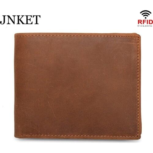 JNKET New Retro Men Crazy Horse Leather Wallet RFID Blocking Wallet Money Clip Credit Card Wallet Card Holder Notecase