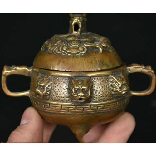 China Dynasty Copper Bronze Dragon Loong Beast Head Incense Burner Censer Statue Collection Ornaments Home Accessories