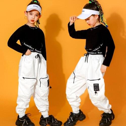 Jazz Dance Costume Girls Clothes Black Tops White Cargo Pants Long Sleeves Hip Hop Clothing Kids Street Dance Stage Wear BL7001