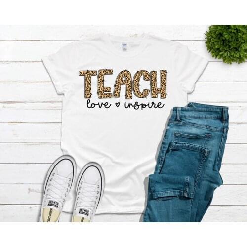 CUTE TEACHER SHIRT Teach Love Inspire Leopard Teacher Field Trip Shirts Teachers Fashion Casual Cotton Round Streetwear y2k goth