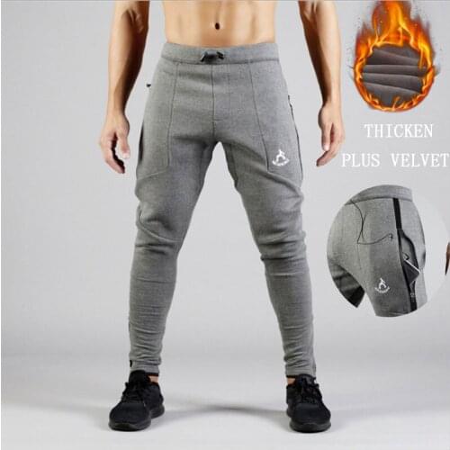 Mens Winter Warm Slim Sports Pants Listen To The Song Running Deep Pocket Design Training Mens Plus Velvet Jogging Pants S-XXL