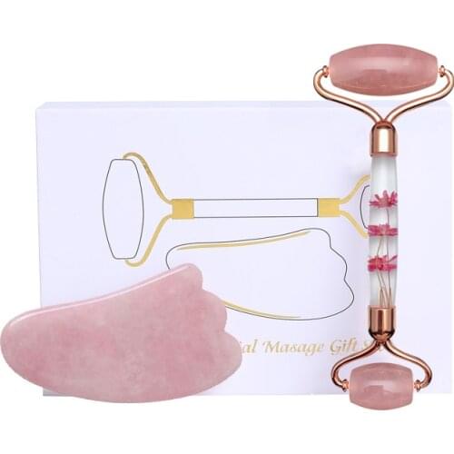 Rose Quartz Jade Roller and Gua Sha Set Face Massager Gouache Scraper Face Lifting Natural Jade Stone Skin Care Beauty Tools Box