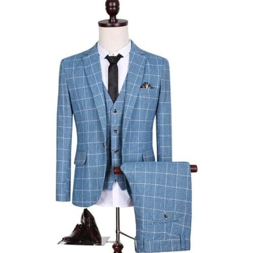 New Brand Casual Plaid Gentleman Suits Korean Trend Suits Male Bridegroom Slim Fit Suits For Men 3 Piece (Jacket+Pants+Vest)