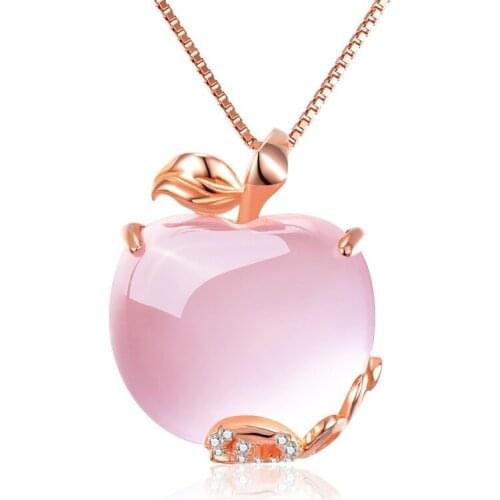 Ociki Ross Quartz CZ Crystal Pink Opal Apple Shape Pendant Necklace Choker for Women Girls Cute Gift Drop Shipping Wholesale