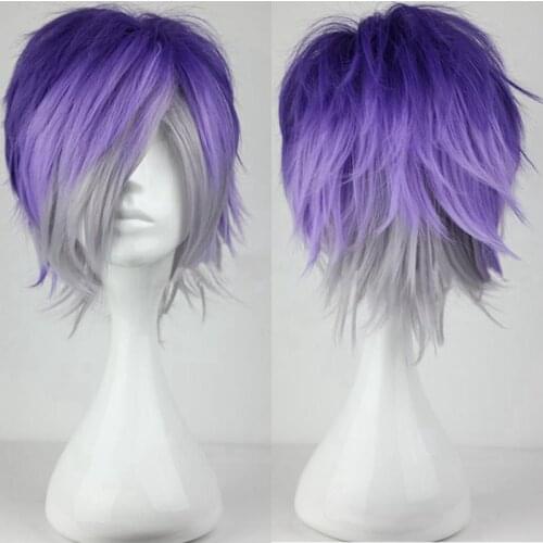 Anime Diabolik Lovers Sakamaki Kanato Wig Cosplay Men Short Purple Gray Heat Resistant Synthetic Hair Cos Wigs + Wig Cap