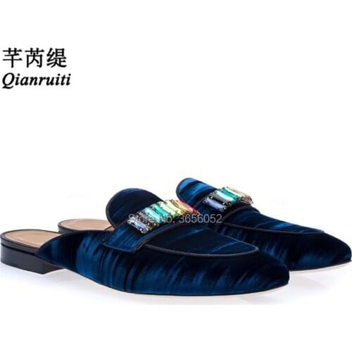 Qianruiti Drop Shipping Velvet Blue Soft Half Shoes Slip On Mules Casual Flats Luxury Bling Diamond Crystal Men Slippers Outdoor