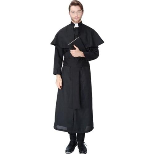 Deluxe Quality Mens Priest Costume Halloween Adult Party Cosplay Clothing