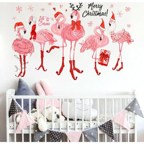 Merry Christmas Flamingo Self Adhesive Sticker On Wall For Living Room Baby Bedroom Xmas Dress Up Wallpaper Santa Claus Decal