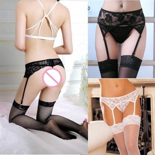Hot Sexy Lingerie Women Lace Fishnet Thigh High Stockings Kawaii Babydoll with Temptation Suspender Garter Belt Underwear