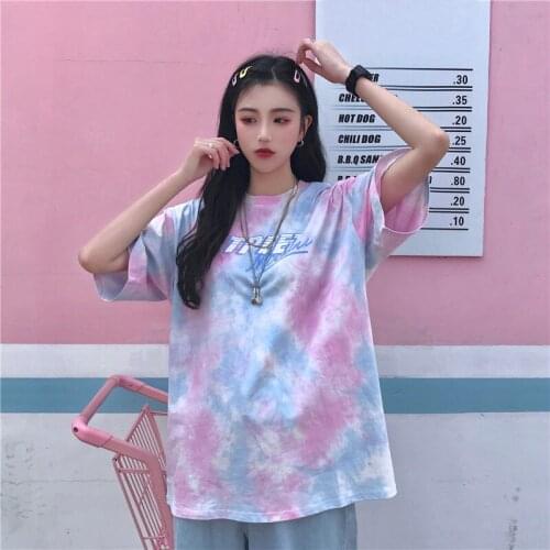 Japanese cool style womens tie dyed top womens fashion short sleeve T-shirt woman tshirts 2020 women fashion clothing