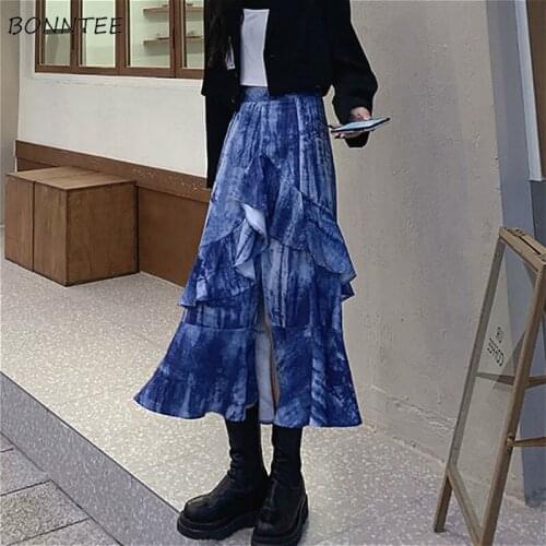 Skirts Women Vintage Korean Trendy Summer All-match Chic Holiday Ladies Asymmetrical Skirt Popular College Print Womens Faldas