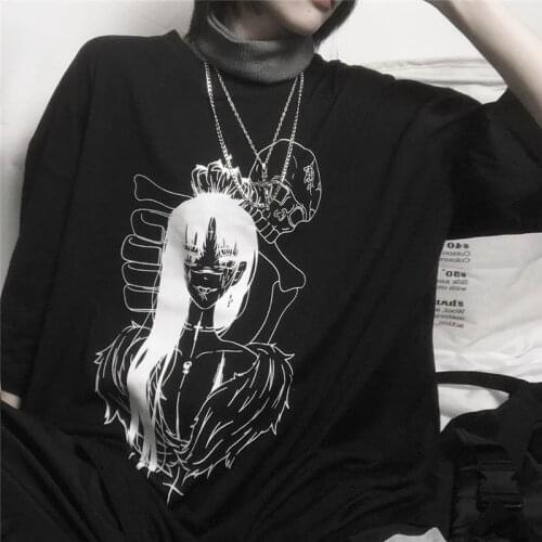 Goth Black Anime Skull Oversized T Shirt Female clothing T-shirt Summer Casual Loose Short Sleeve T Shirt Femme harajuku Tops