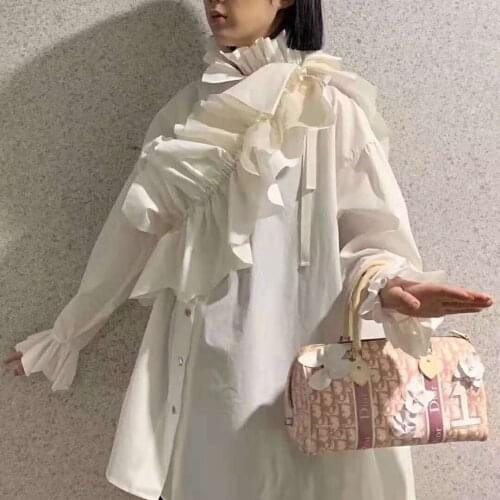 Women Vintage Cotton Blouse Reversible Turtleneck Multifunctional Ruffles High Street Tops Shirt