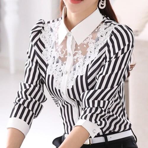 Womens Tops And Blouses Long Sleeve Lace Striped Shirt Camisas Mujer 2020 Casual Office OL Work Tops Blusa Feminina Plus Size