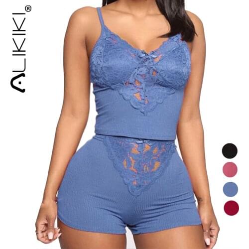 Sleeveless Women Pajamas Sexy Lace Lingerie Nightwear Underwear Sleepwear 2Pcs Suit Pajama Sets For Women Pijama Mujer