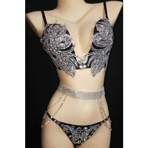 Bright Bikini Rhinestones Bra Low Waist Short Underwear Sequins Dance Wear Two Piece Set Womens Party Dress Sexy Dance Costume
