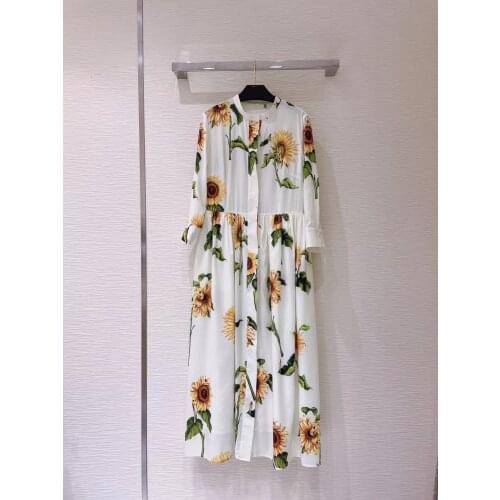 2021 New Summer Women Elegant Long Dress High-end Sunflower Print Long Sleeves Single Breasted Runway Holiday Dress