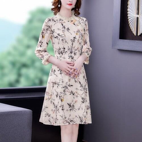 Chinese Style Vintage Floral Print chiffon Dress 2021 New Women 3/4 Sleeve Temperament Slim A-Line Runway Dress