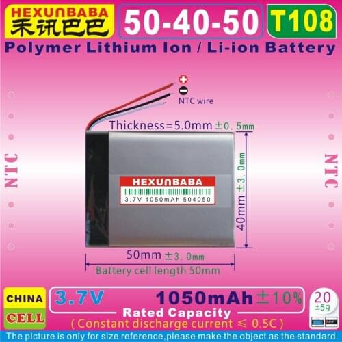 4pcs [T108] 3.7V 1050mAh [504050] NTC Polymer Lithium Ion Battery For RECORDER PEN,Cell Phone,MP4;MP3,GPS