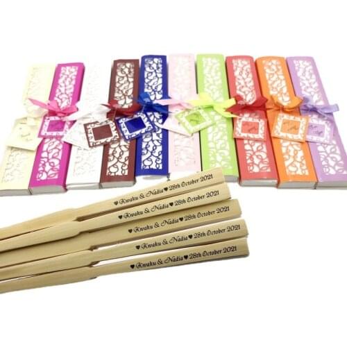 50PCS Personalized Luxurious Silk Hand Folding Fan in Elegant Laser-Cut Gift Box Custom Printing Foldable Fans Wedding Favors