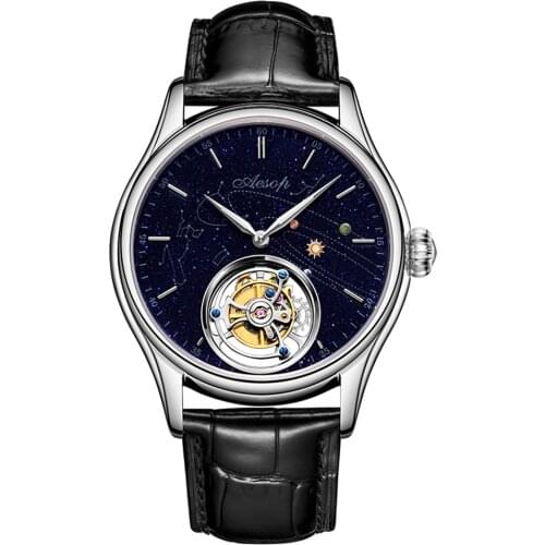AESOP Mens Flying Tourbillon Skeleton Watches Mechanical Watch for Men Wristwatch Space Man Male Clocks Mechanical Watch Luxury