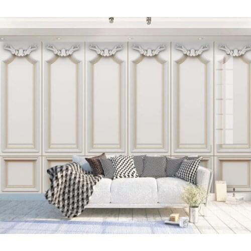Customized large-scale 3D mural wallpaper white gypsum line European carved leather soft bag 3D TV background wall