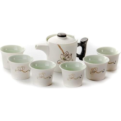Jusen 7Pcs/Set Kung Fu Tea Set Tea Utensils High Temperature Firing Elegant Teacups Teapot Flower Black Pu'er Tea Kettle Teaware