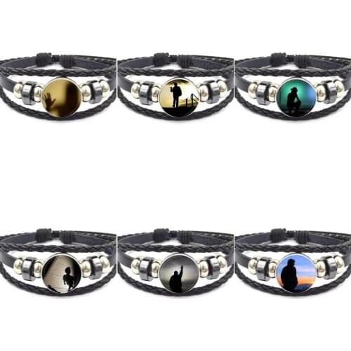 EJ Glaze Men Shadow Glass Cabochon Jewelry With Black Leather Bracelet Bangle For Girls Gift