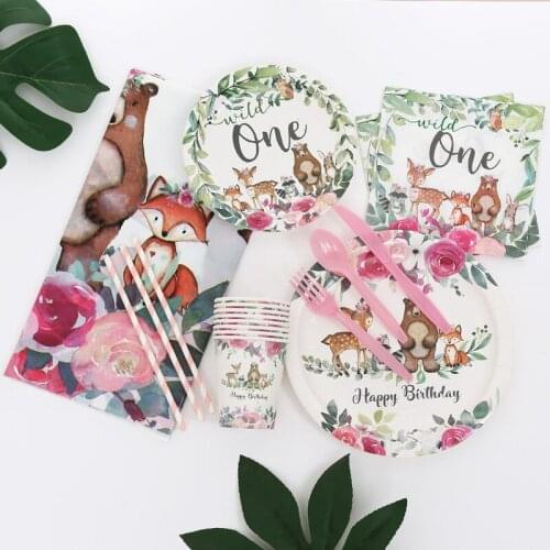 Wild One Cartoon Animal Girls First Birthday Anniversary Party Tableware Set Paper Plate Cup Napkin Straw Gift Bag Supplies