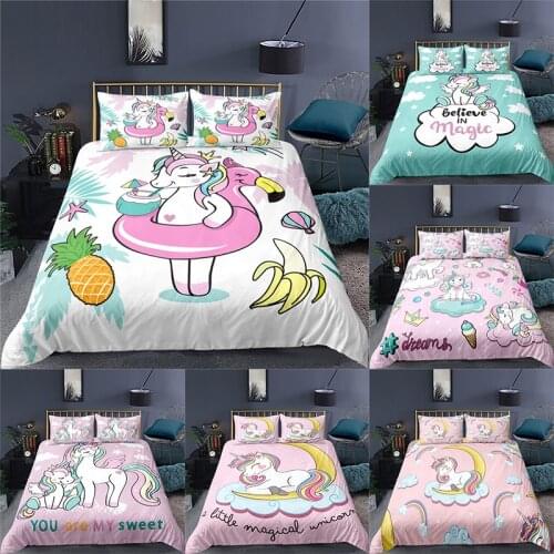 Luxury Cute Cartoon Unicorn Printed Bedding Set 2/3pcs Animal Pattern Duvet Cover Pillowcase 3D Bed Sets Queen and King Size