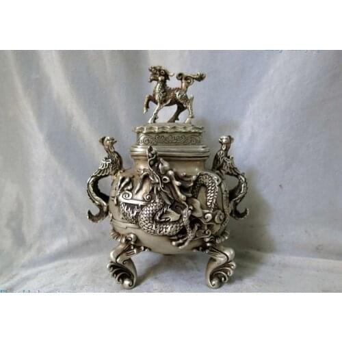 Fine silver censer China carved Foo Dogs Dragon phoenix incense burner Statue